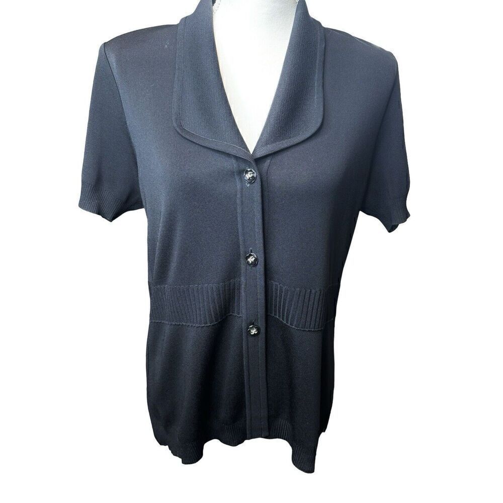 Exclusively Misook Womens Black Knit Short Sleeve Top Size M Decorative Buttons